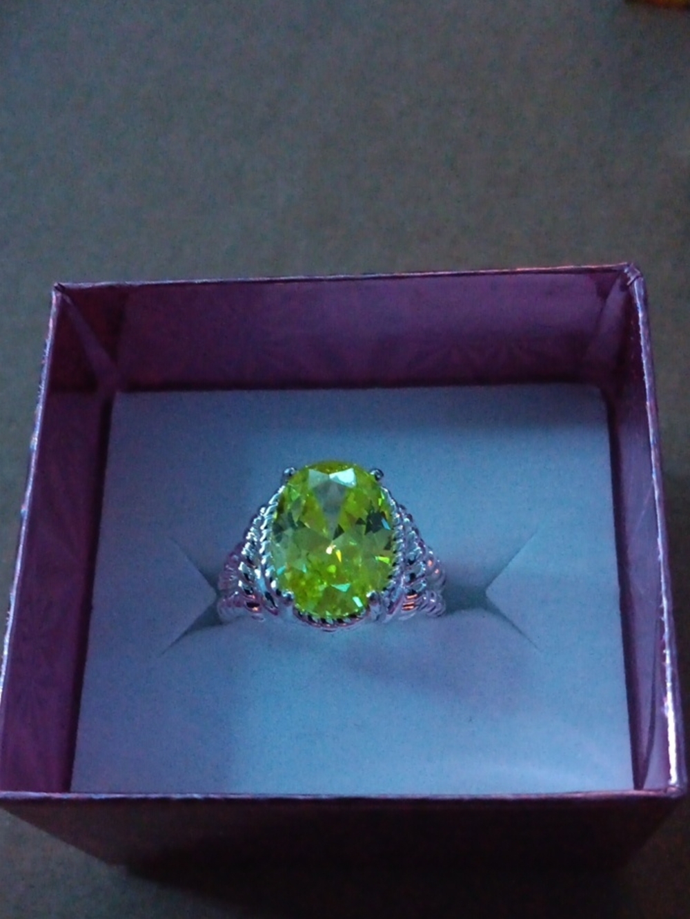 Silver Ring with Bright Lime Green Oval Stone